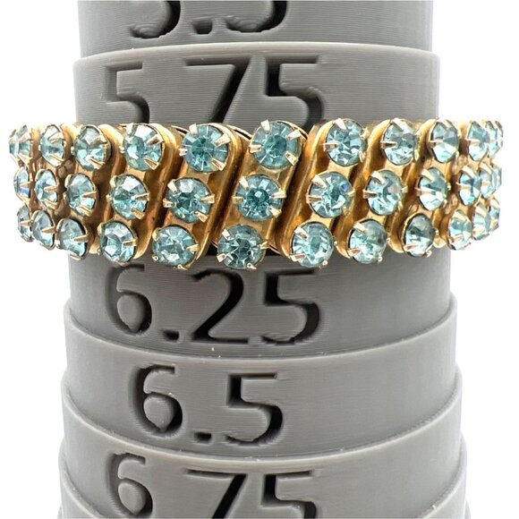 Vintage Expandable Bracelet Sky Blue Rhinestones Prong Set Metal Hinged Gold Ton - Picture 3 of 8